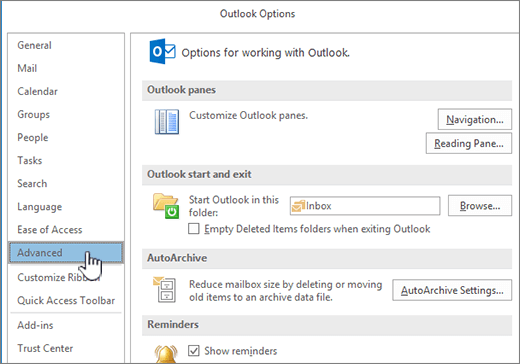 Options Outlook avec Avancé sélectionné