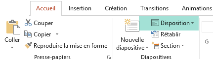 Le bouton Disposition de l’onglet Accueil de PowerPoint contient toutes les mises en page de diapositives disponibles.