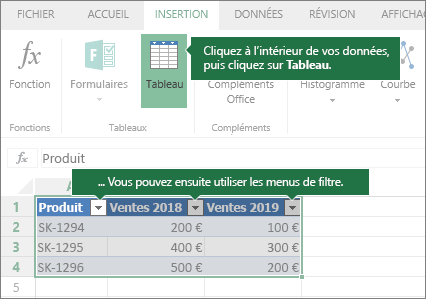 Onglet Insérer, bouton Tableau, menu Filtres