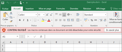 Si vous essayez d’ouvrir un fichier à partir d’un emplacement suspect, Office bloque toutes les macros.