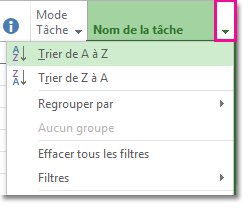 Image du menu Nom de la tâche avec Trier de A à Z sélectionné