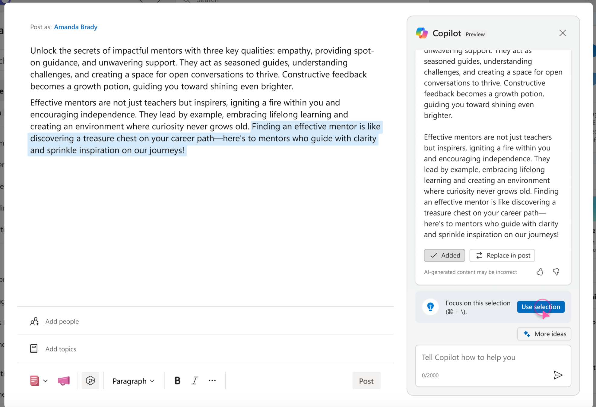 Capture d’écran montrant comment limiter le focus à un texte spécifique dans Copilot.