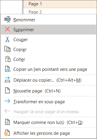 Supprimer une page dans une boîte de dialogue OneNote pour Windows