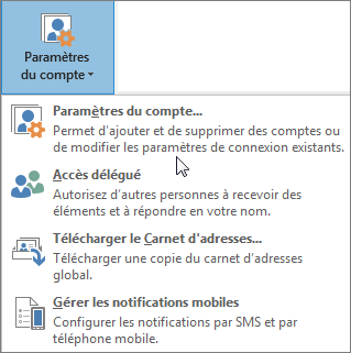 Options disponibles lorsque vous sélectionnez des paramètres de compte dans Outlook