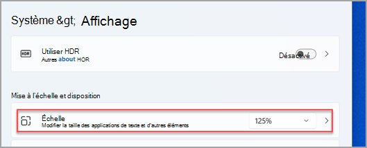 Où trouver le menu Mettre à l’échelle dans les paramètres Windows 11.