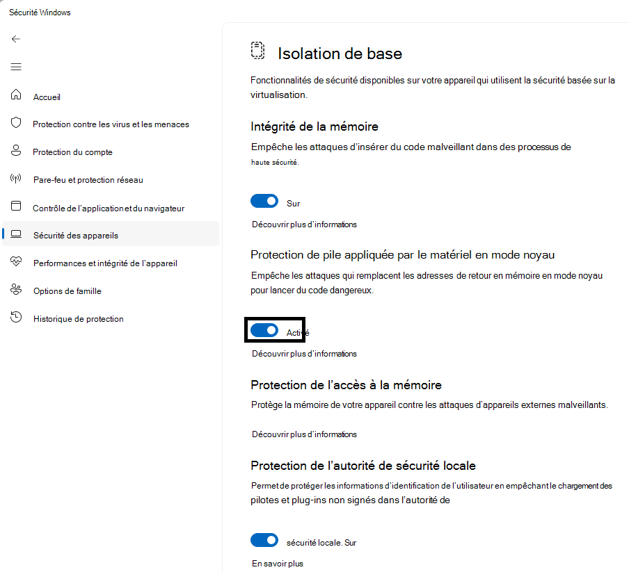 Indique l’emplacement du bouton bascule de l’interface utilisateur de protection de pile renforcée par du matériel en mode noyau sur la page Isolation du noyau de l’application Sécurité Windows.