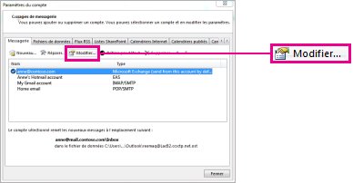 Commande Modifier dans la boîte de dialogue Paramètres du compte