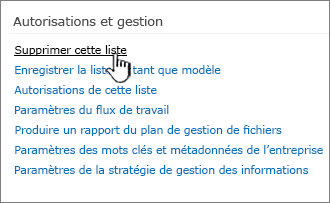 Supprimer cette liste sous Autorisations et gestion