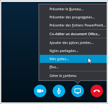 Capture d’écran du partage des notes OneNote 2016 dans Skype Entreprise