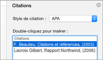 Volet Citations avec la liste des citations