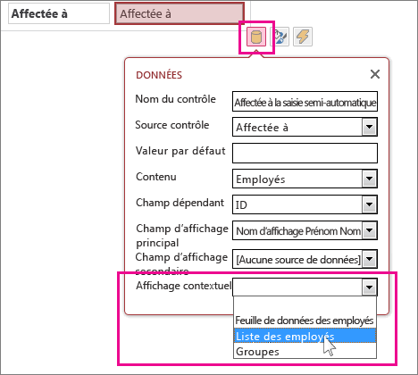 Sélection d’une vue contextuelle pour un contrôle de saisie semi-automatique.