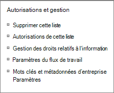 Liens Autorisations de liste et Paramètres de gestion