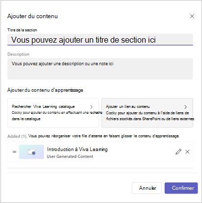 la fenêtre contextuelle Ajouter du contenu avec l’option qui affiche un contenu déjà ajouté