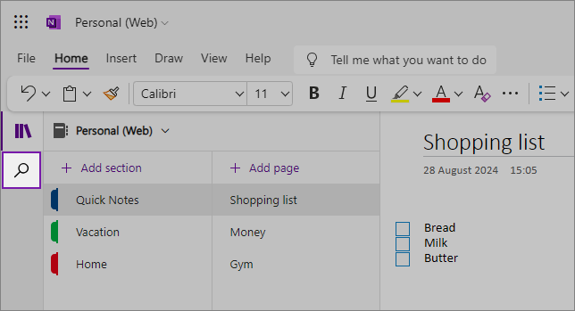 Affichage de l’interface utilisateur web OneNote montrant la zone de contenu