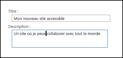 Boîte de dialogue Titre du nouveau site de SharePoint Online