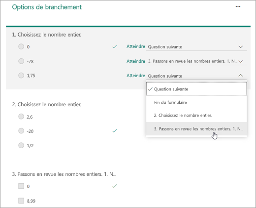 Sélectionnez une question pour laquelle créer une branche.