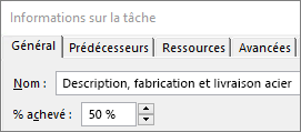 Capture d’écran de la boîte de dialogue Détails de la tâche d’une tâche affichant le pourcentage achevé