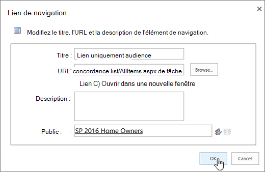 Propriétés du lien de navigation avec OK en surbrillance.