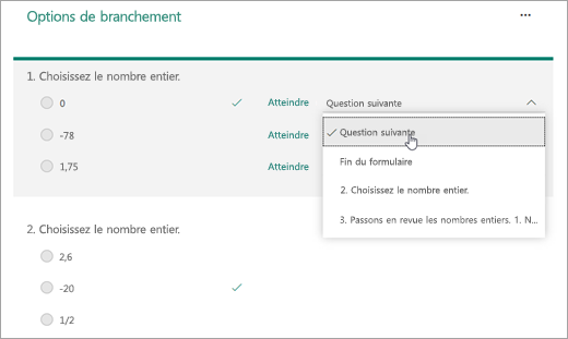 Sélectionnez une question pour laquelle créer une branche.