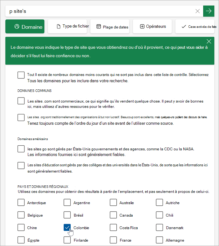 Capture d'écran de la liste des domaines nationaux et régionaux après avoir cliqué sur Plus.