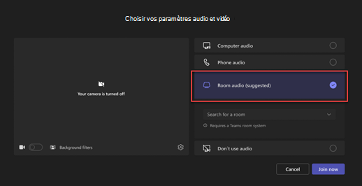 Écran de préjoination Teams avec l’option Audio de salle (suggérée).