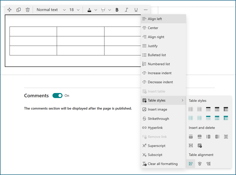 Capture d’écran du volet d’édition du composant WebPart texte et tableau