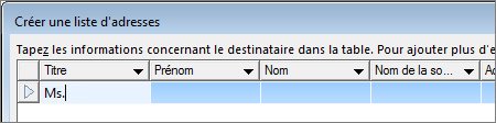 Boîte de dialogue Créer une liste d’adresses