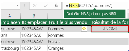 Erreur #NOM? provoquée par une faute de frappe dans la syntaxe