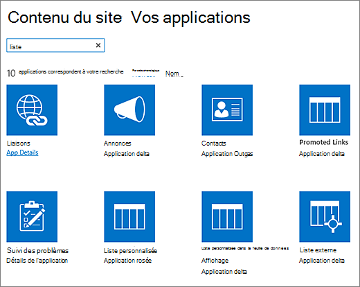 Répertorier les applications dans la page Contenu du site