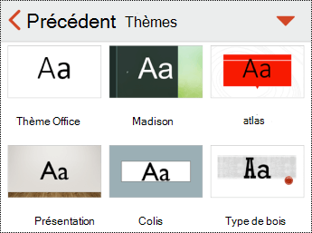 Menu Thèmes dans PowerPoint pour iOS.