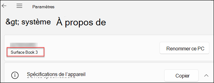 Affiche les informations sur l’appareil en haut de la fenêtre, sous le titre de l’écran.