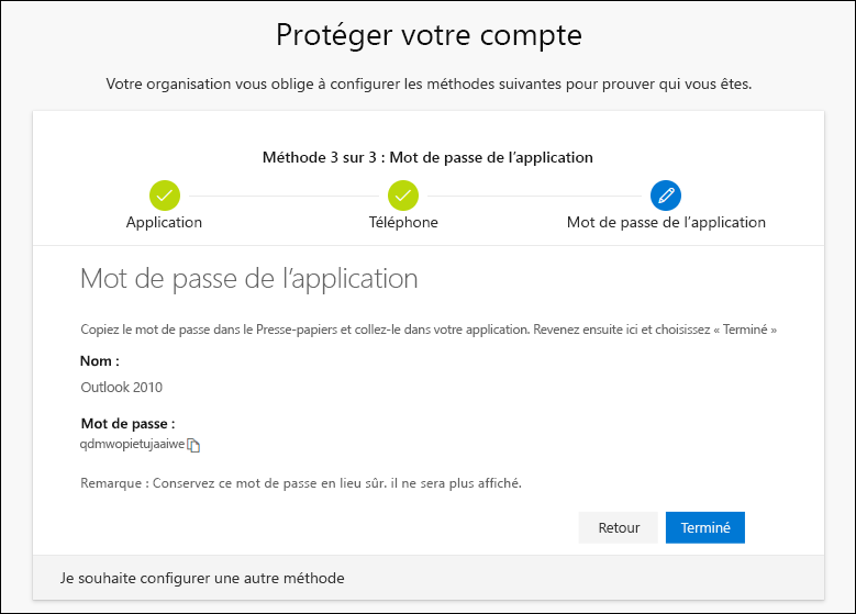 Page Mot de passe d’application avec le mot de passe à copier