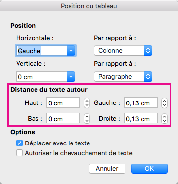 Sous la section Distance du texte autour, définissez des valeurs pour l’espace vide situé entre le tableau sélectionné et le corps de texte.