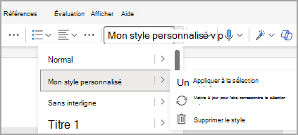 Affiche le menu style dans Word pour le web, avec l’option « Mettre à jour pour correspondre à la sélection » dans un menu développé.