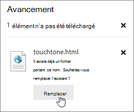 Télécharger’échec avec le bouton Remplacer mis en évidence