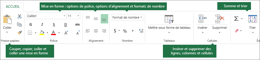 Onglet Accueil avec les boutons Couper, Copier, Coller, Reproduire la mise en forme ; des options de mise en forme telles que Police, Alignement et Format de nombre ; Insérer des lignes/colonnes ; Somme automatique et Trier