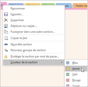 Screenshot of how to change a section color in OneNote 2016.