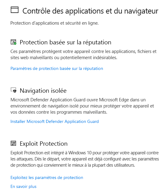 Contrôle Applications et navigateur dans Sécurité Windows