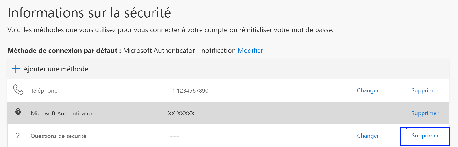 Lien permettant de supprimer la méthode Téléphone sur la page Informations de sécurité