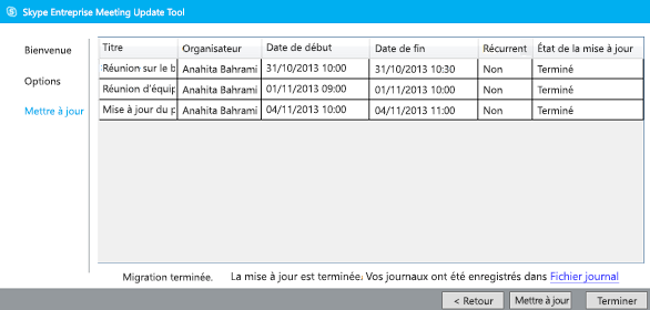 Capture d'écran de l'outil de migration de réunion terminé