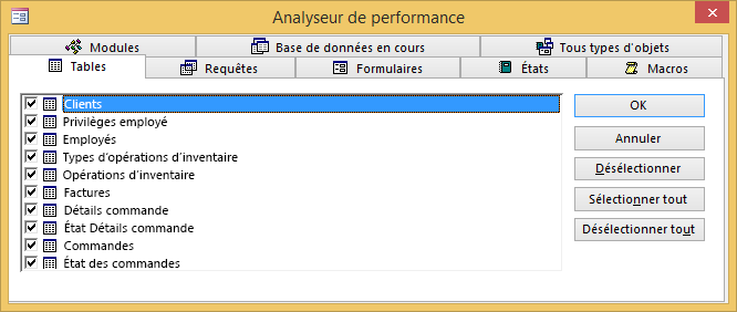 Boîte de dialogue Analyseur de performance dans Access