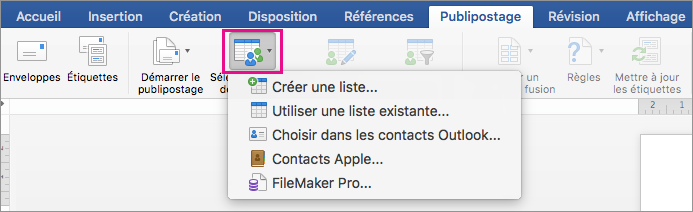 Dans l’onglet Publipostage, Sélection des destinataires est mis en évidence avec une liste d’options