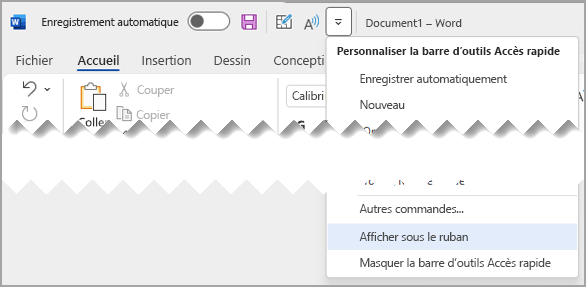 Menu déroulant De la barre d’outils Accès rapide Afficher au-dessus de la barre d’outils