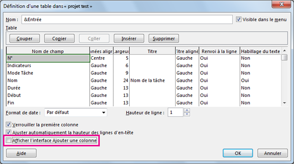 Table Definition dialog box