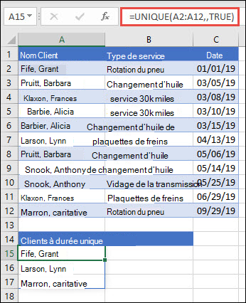 L’utilisation de UNIQUE avec l’argument occurs_once défini sur true pour renvoyer une liste de noms qui ne se produisent qu’une seule fois.