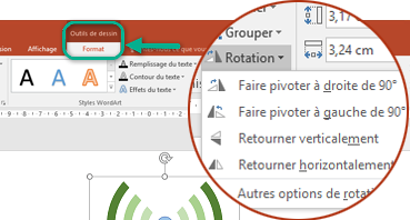 Les commandes de rotation sont disponibles sous l’onglet Format des outils de dessin du ruban de barre d’outils. Sélectionnez l’objet que vous souhaitez faire pivoter, puis cliquez sur le ruban.