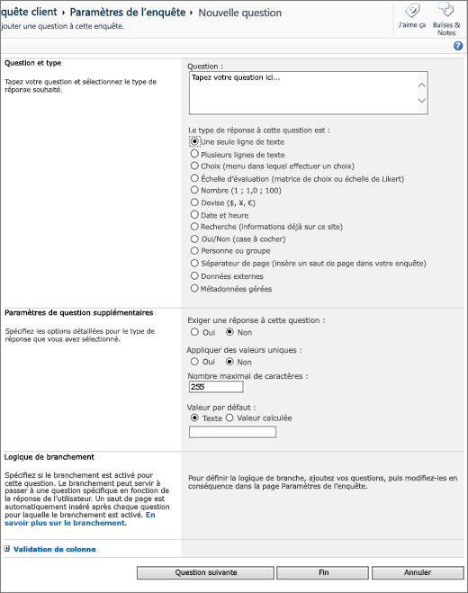 Page Nouvelle question dans SharePoint 2010