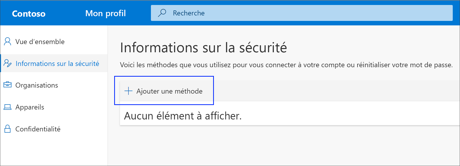 Page Informations de sécurité, avec l'option Ajouter une méthode en surbrillance