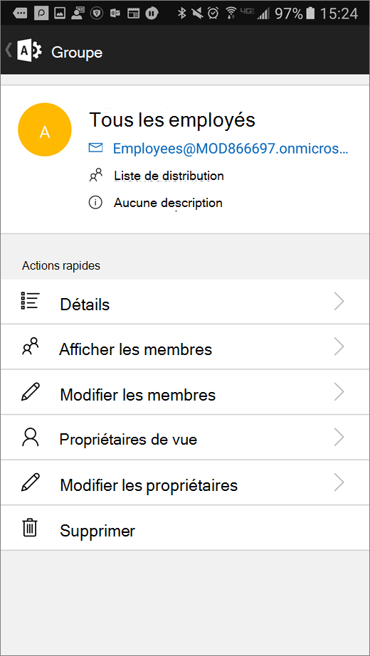 Sélectionnez votre groupe dans l’application administration d’Office 365 pour modifier les détails tels que l’appartenance ou les propriétaires.