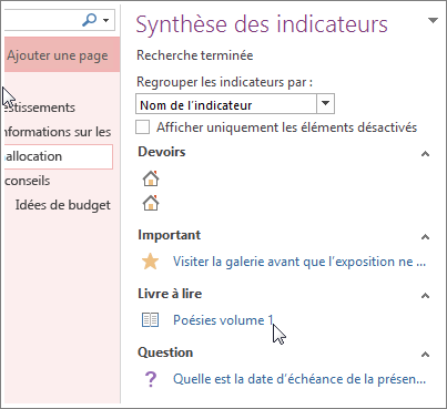 Rechercher des indicateurs de notes dans le volet Synthèse des indicateurs